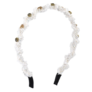French style white tweed headband with vintage gold heart charms and crystals