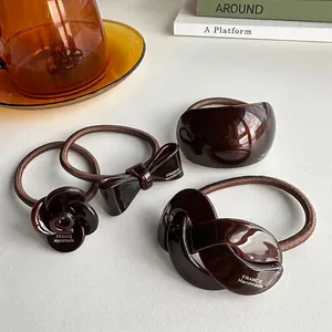 Élastiques à Cheveux en Acrylique Brun Chocolat Rétro Français pour Femmes Formes Fleur Nœud Arc Carré Fait à la Main