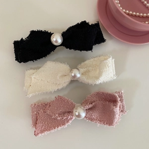 French Vintage Tweed Bow Hair Clip With Large Faux Artificial Pearl Sweet Elegant Tweed Raw Edge Hairpin For Women Hair Accessories