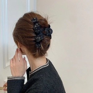 French style tweed bow hair claw clip in black with gold thread for women's hairstyles