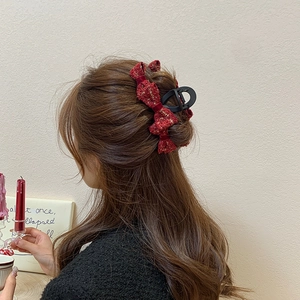 French style red tweed bow hair claw clip for elegant women's autumn winter hairstyles
