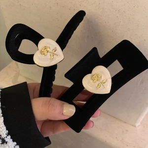 French vintage black velvet hair claw clip with cream heart and rose gold relief