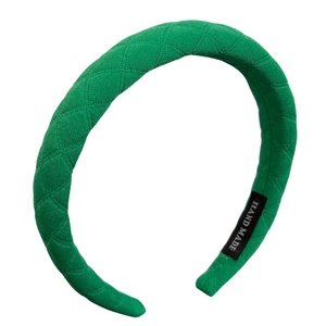 Green padded plaid headband with diamond stitching and handmade label for high crown style