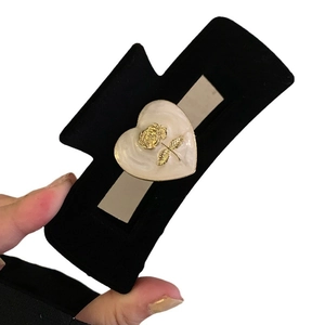 French vintage black velvet hair claw clip with cream heart and gold rose detail