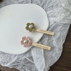 French vintage flower hair clips with pearls in olive green and dusty rose pink