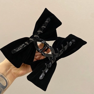Large black velvet bow hair claw clip for women with elegant French princess style design