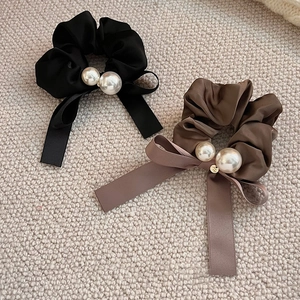 Elegant Bow Ribbon Scrunchie For Women Satin Fabric Hair Tie With Large Faux Artificial Pearls Vintage French Style Hair Accessories