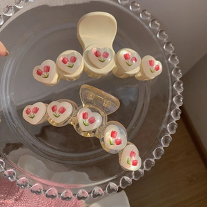 Mollette per capelli stile coreano con tulipano e cuore in resina crema e ambra