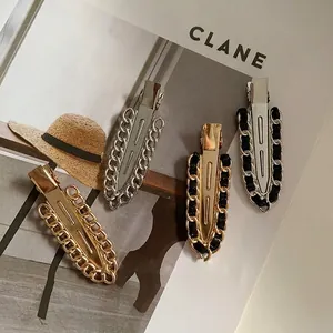 French Style Alloy Chain Hair Clip For Women Geometric Hollow Out Metal Duckbill Clip Elegant PU Leather Woven Side Hairpin Accessory