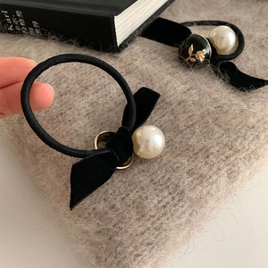 Elegant black velvet hair scrunchie set with large faux pearl and gold rose pattern