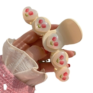 Molla per capelli vintage francese color crema con cuori e tulipani per donna