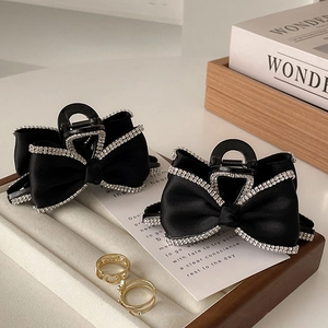 French Style Black Satin Bowknot Hair Claw Clip With Rhinestone Edges Elegant Shark Clip For Women Daily Hair Accessories