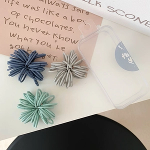 Detail of high-elasticity hair bands in navy, grey, and green with clear storage box