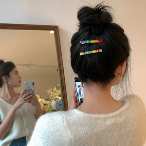 Rainbow rectangle hair clips with colorful gemstones worn on side of hair set of two