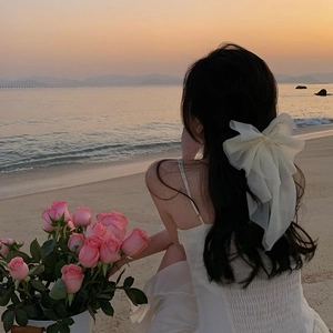Barrette à grand nœud en maille blanche avec rubans sur une plage au coucher du soleil