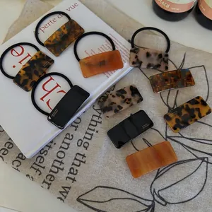 French Vintage Acetate Rectangle Hair Clip Barrette And Elastic Hair Tie With Golden Lettering Handmade Accessory For Women