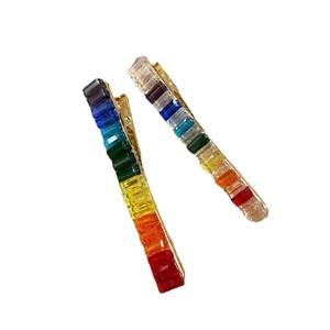 Rainbow crystal hair clips set with gold metal base and colorful gradient stones