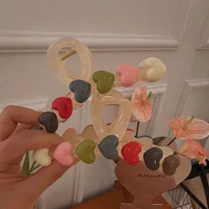 Large Colorful Heart Round Bead Hair Claw Clip For Women Acrylic Resin Shark Clip Korean Style Strong Grip Hair Accessories