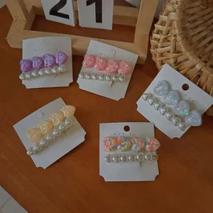 Sweet Heart Hair Clips Resin Sequin Faux Artificial Pearl Duckbill Clips Vintage Simple Hairpins For Women Daily Dating Accessories