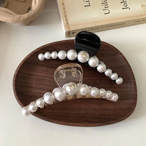 Grande Pince à Cheveux en Résine Style Français Avec Künstliche Perles d'Imitation et Nœud Doré Accessoire Cheveux Élégant pour Femme