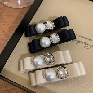 Elegant Satin Ribbon Bow Hair Clips Rhinestone Artificial Pearl Accents Vintage French Style Duckbill Side Pins Women Hair Accessories