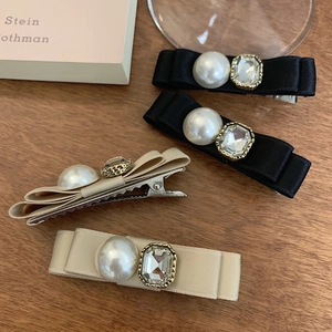 Exquisite satin ribbon hair clips with large faux pearls and square crystals set of four