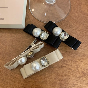 Elegant ribbon bow hair clips with pearls and rhinestones in black and beige