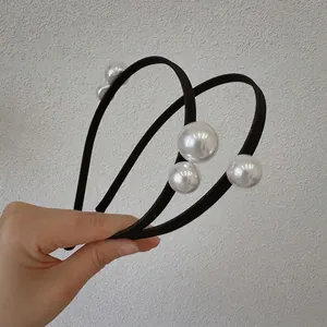 French vintage double-layered black headband featuring various sized white pearls decoration