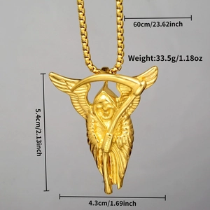 Détails du pendentif Grim Reaper doré avec dimensions et longueur de la chaîne