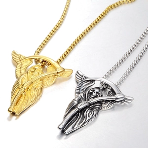 Collier Pendentif Faucheuse en Acier Inoxydable Gothique pour Hommes Femmes Punk Vintage Ailes Crâne Mort Fantôme Halloween Bijoux