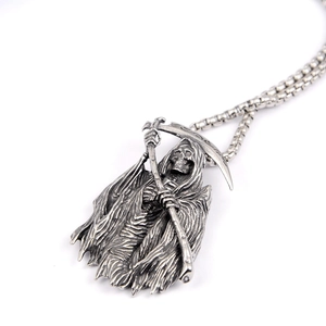 Gothic Grim Reaper scythe pendant necklace in vintage silver steel with robust box chain