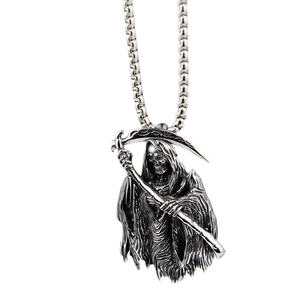 Gothic grim reaper scythe pendant necklace in vintage oxidized titanium steel finish
