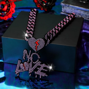 Hip-hop No Love cubaanse ketting met paarse rhinestones en rode gebroken hart hanger