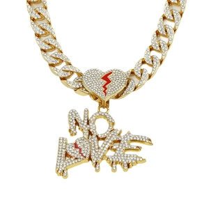 Hip hop gouden Cubaanse schakelketting met ijskoud hart en druipende NO LOVE hanger