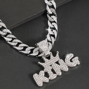 Hip-Hop Silber-Kuban-Kette mit vollbesetztem King-Krone-Anhänger und Diamanten