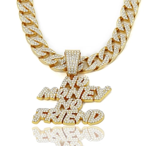 Χρυσή αλυσίδα Cuban link με μενταγιόν NO MONEY NO FRIEND και λευκά ζιργκόν για άνδρες