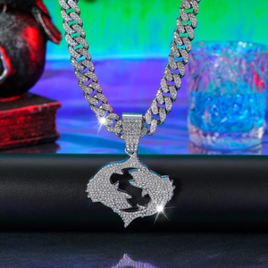 Close-up of iced out Cuban link chain with dollar sign pendant in neon lighting