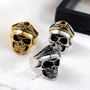 Stainless Steel Skull Officer Hat Ring Punk Gothic Eagle Badge Biker Hiphop Ring For Men Cool Decorative Jewelry Accessory
