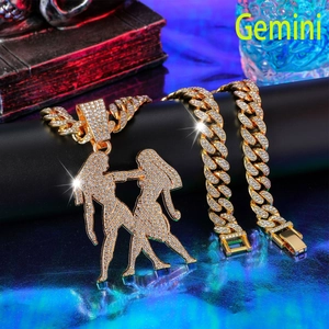 Macro detail of iced-out Gemini pendant on Cuban link chain with pave setting stones