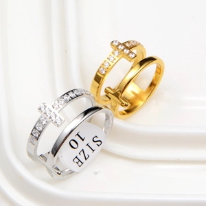 Bague Croix Double Couche en Acier Inoxydable Hiphop pour Hommes Femmes Incrustée de Zircone Bijoux Streetwear