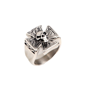 Anello hip-hop retrò con teschio e croce in finitura argento vintage da uomo