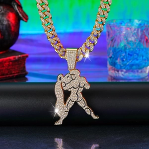 Iced-out Aquarius pendant necklace on golden Cuban chain with sparkling diamonds