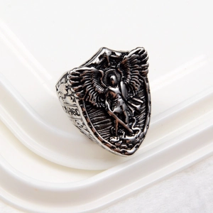 Vintage stainless steel archangel shield ring with religious engraving for men