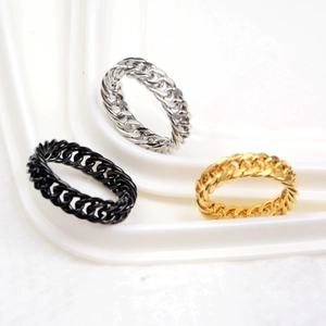 Three-piece Cuban link chain ring set in silver, black, and gold stainless steel finish