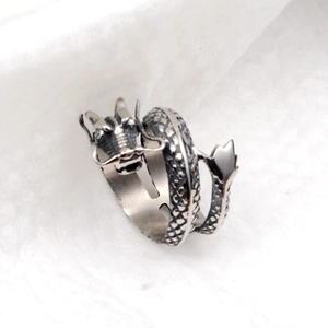 Vintage hip hop style Chinese dragon open ring in polished silver metal for men
