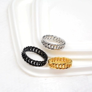 Detailed close-up of Cuban link chain rings in black, silver, and gold metal finishes