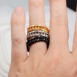 Three-piece Cuban link chain ring set in gold silver and black tones for men