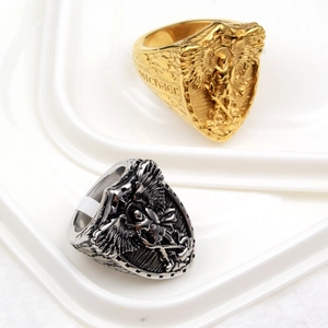 Archangel Michael warrior ring in gold and silver finish with detailed wing engraving