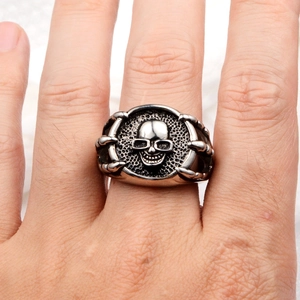 Macro shot of a punk skull ring with glasses featuring a vintage matte titanium steel finish