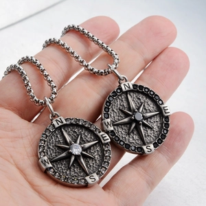 Retro compass pendant necklaces in silver finish with black and white zircon stones